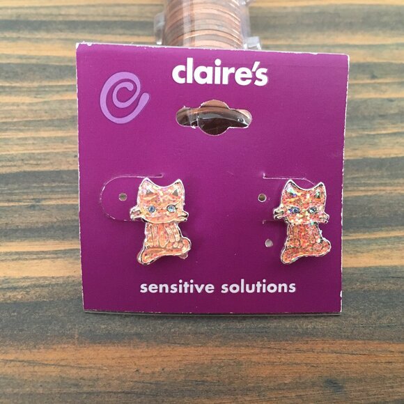 [Claire’s] 2000s Sensitive Solutions Pink Glitter Enamel Cat Earrings | Unworn - Picture 1 of 4